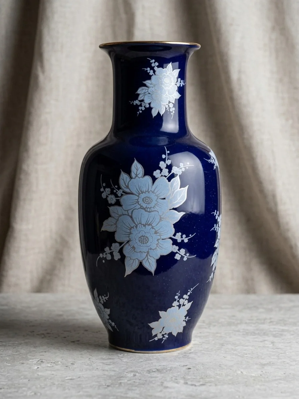 Cobalt Blue Porcelain Vase with Light Blue Floral Enamel and Gold Rim Detail